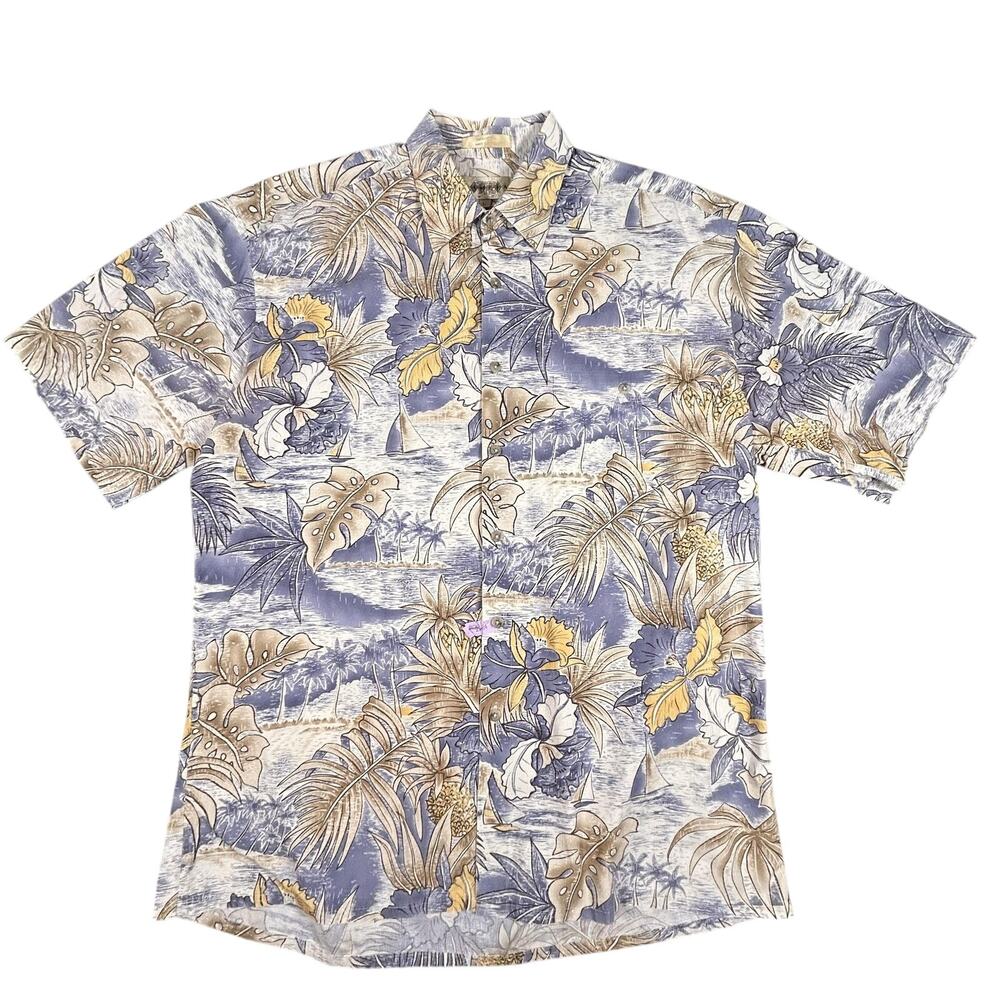 Compa Moda Hawaiian Shirt Mens Large Blue‎ Beige Yellow Floral Tropical Cotton